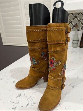 Frye Suede Mid-Calf Boots in Tan brown with embroidery